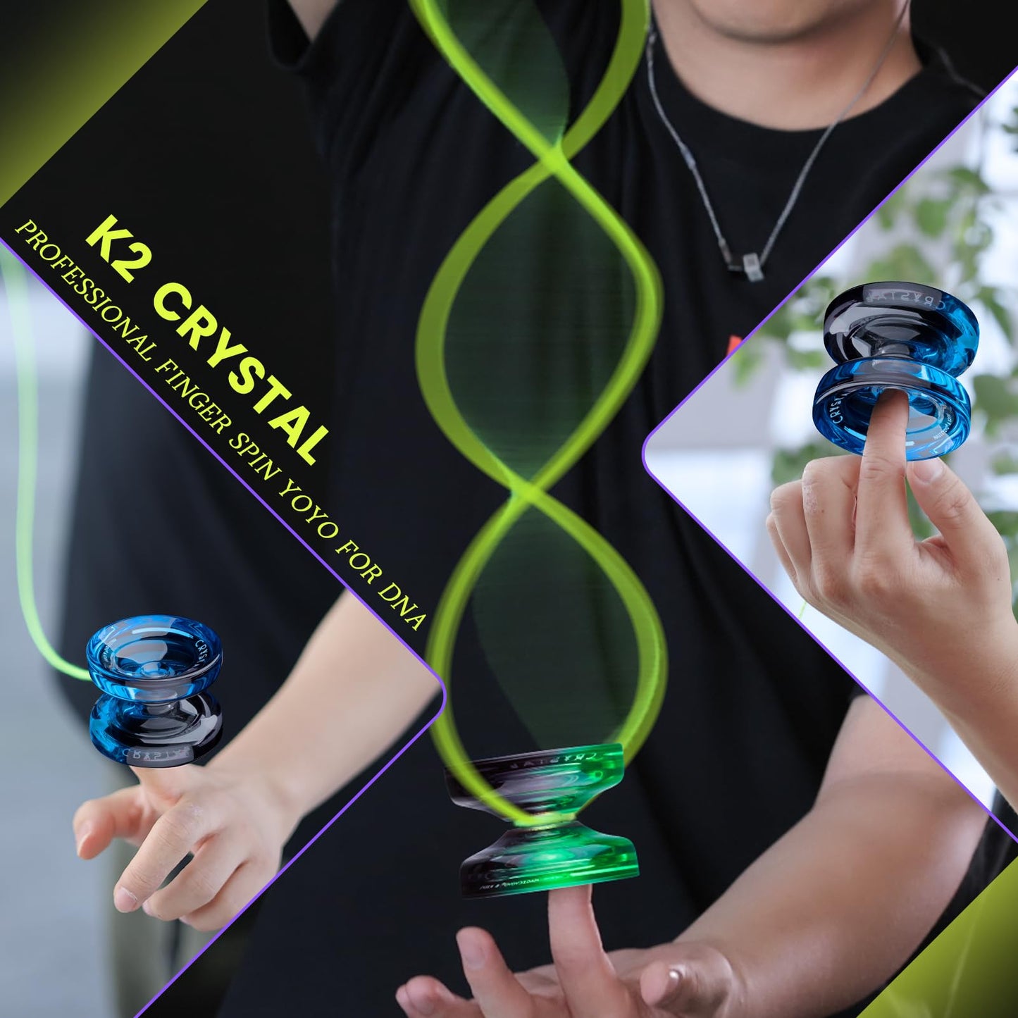 MAGICYOYO K2 Crystal Yoyo Pack of 2  Dual Purpose Responsive & Unresponsive Yoyo for Kids 8-12  Plastic Professional Yo Yo for mature-themeds  Complete yo-yo Accessories Included (Black Green+Black Blue)