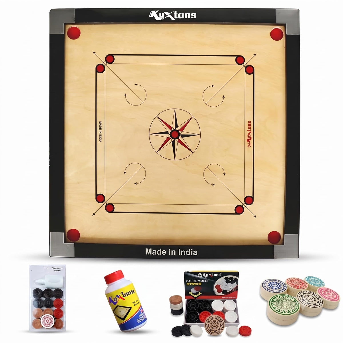 KOXTONS  Carrom Board 32 INCH Full Size with 1.5 Border (Super) with STRICKER & Accessories