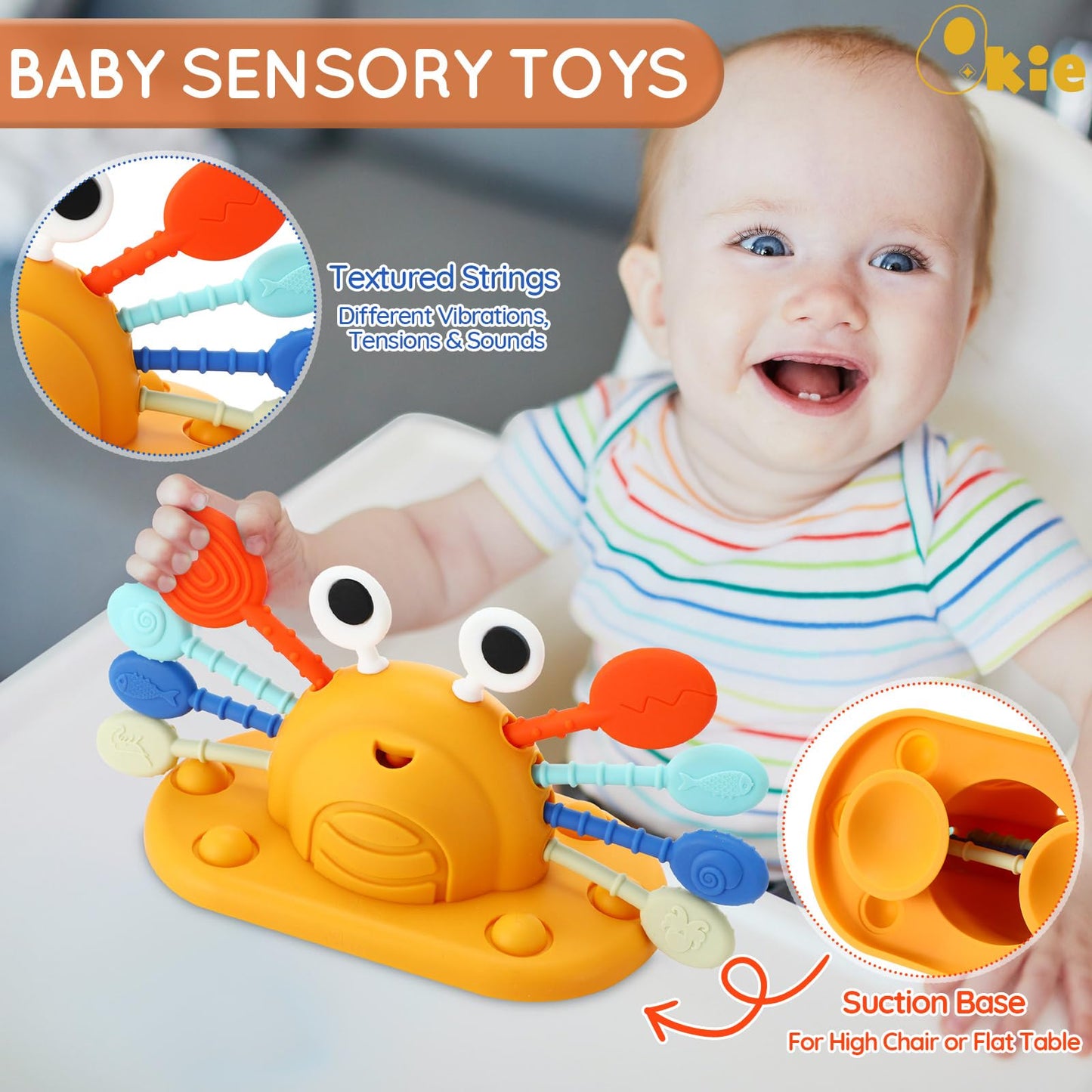 Qkie Montessori Toys for Babies 6-12 Months, Food Grade Silicone Baby Sensory Toys, Cutie Crab High Chair Toys, String Activity
