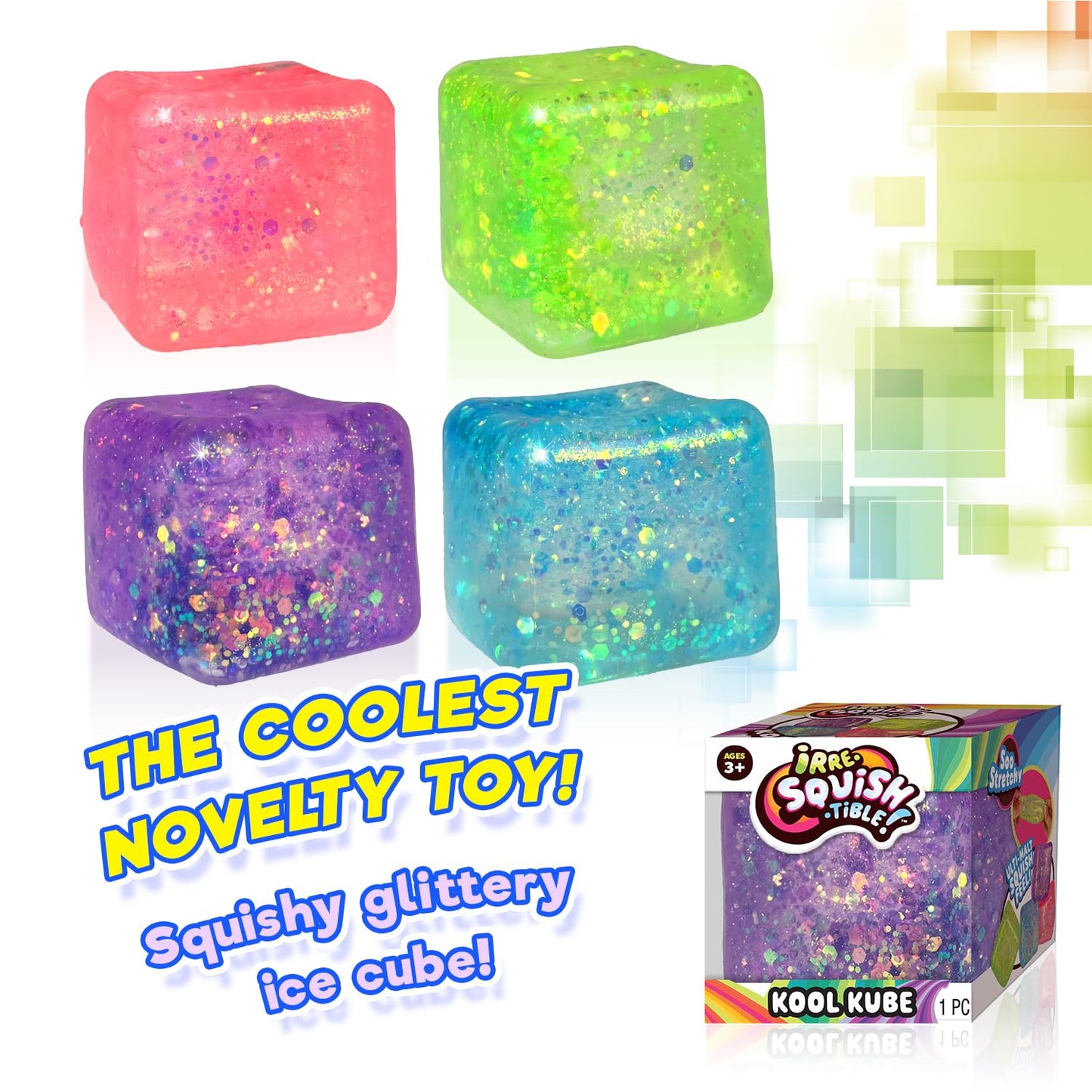 JA-RU Squishy Kool Kube (4 Cubes Assorted) Irresistible Squeezy Glitz Cube Toy for Boys & Girls. Stretchy Ulti-Malt Squish Feel Fidget for Kids  Teen & mature-themed. Stress Relief Fun Party Favor. 4542-4