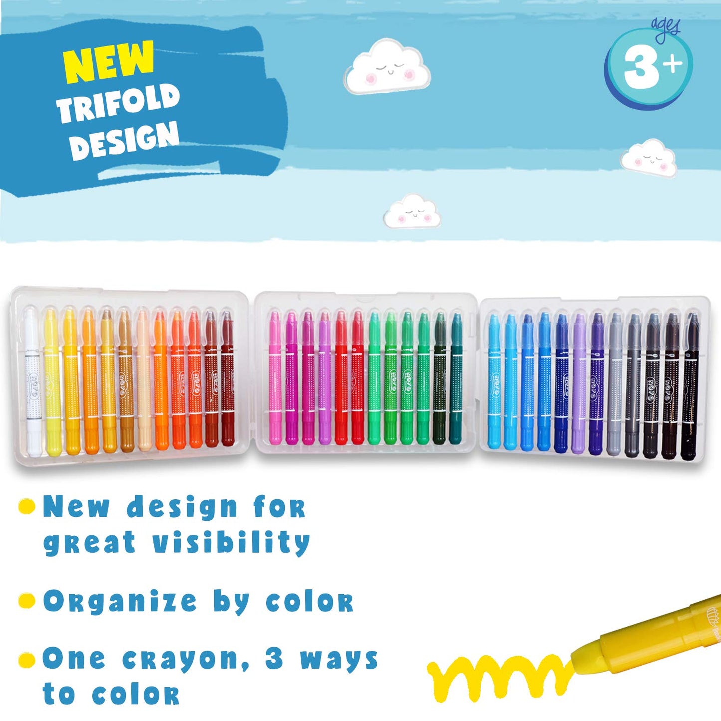 DOODLE HOG Washable Crayons, 36 Colors, Non-Toxic Plastic, 3-in-1 for Kids Ages 4-8