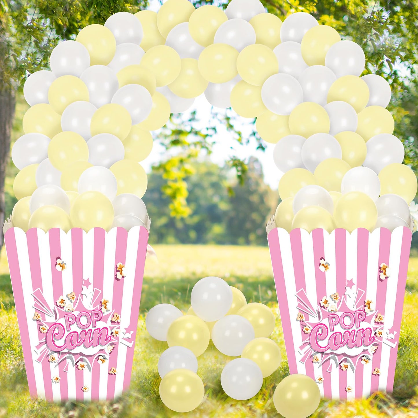 Sosation 2 Pack Giant Popcorn Box Prop Cardboard Stand up with Balloons Movie 3D Popcorn Bucket Decoration Large Carnival Circus
