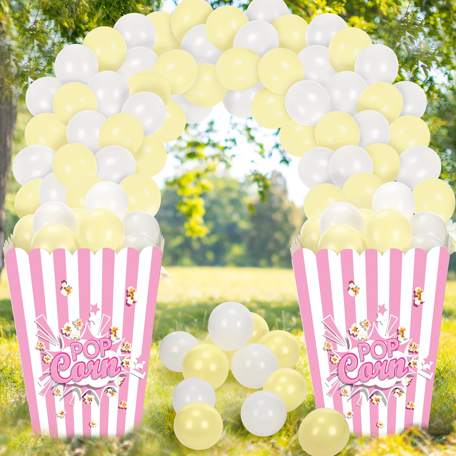 Sosation 2 Pack Giant Popcorn Box Prop Cardboard Stand up with Balloons Movie 3D Popcorn Bucket Decoration Large Carnival Circus
