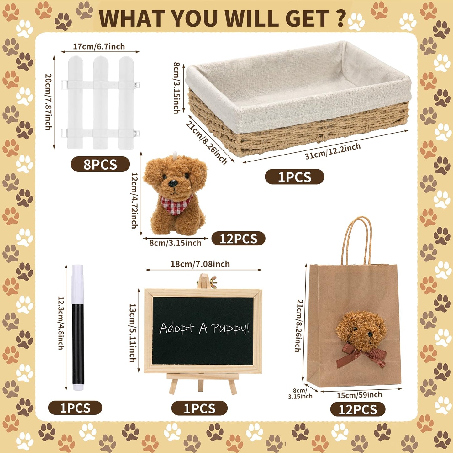 35Pcs Adopt A Puppy Party Favors Mini Stuffed Animals Set Includes 12Inch Rattan Frame 12 Pcs Mini Plush Dogs 12 Gift Bags White