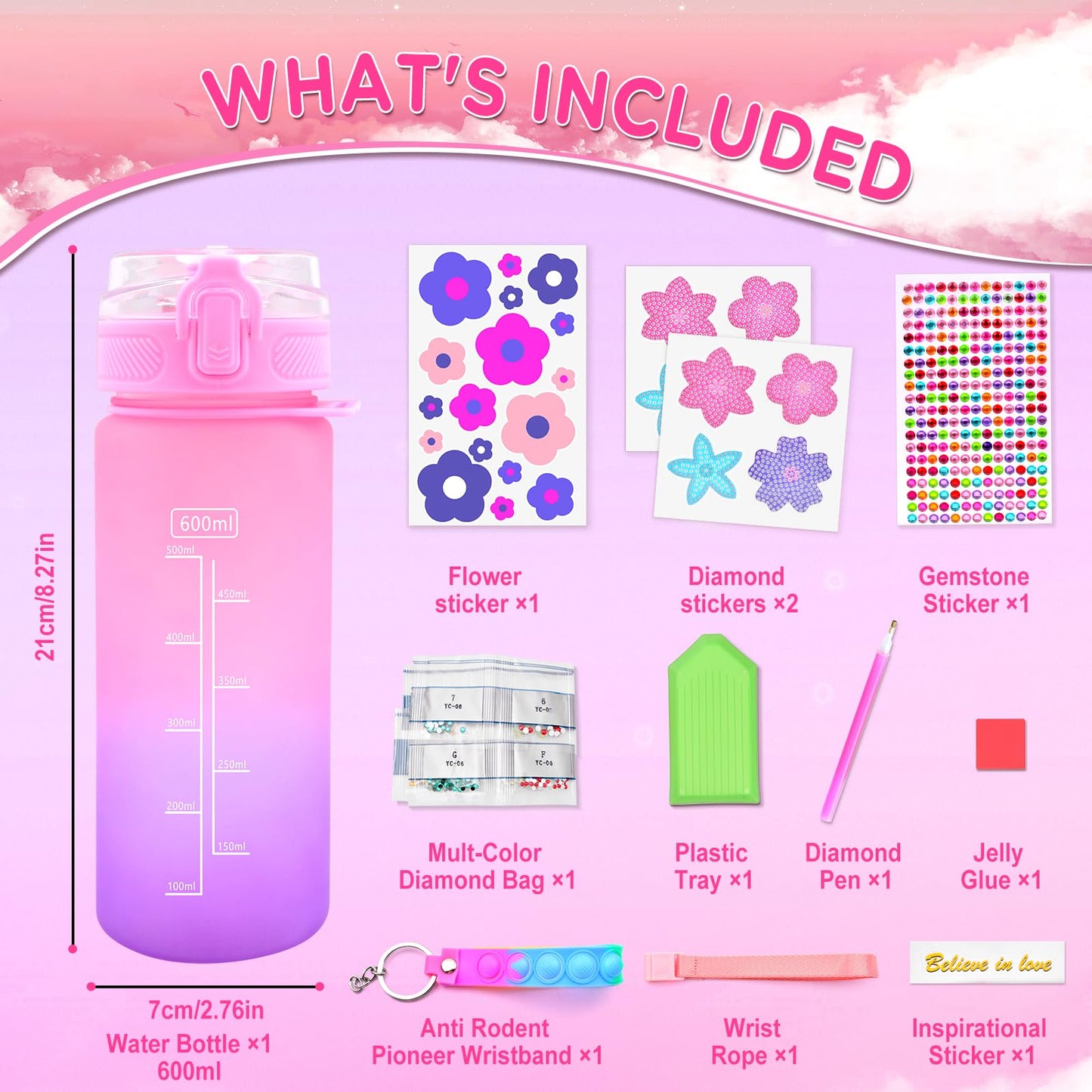 ASIOWELY Decorate Your Own Water Bottle Kits for Girls Age 4-12, Flower Diamond Painting Art and Crafts Gift for Boys Age 4-6-8-