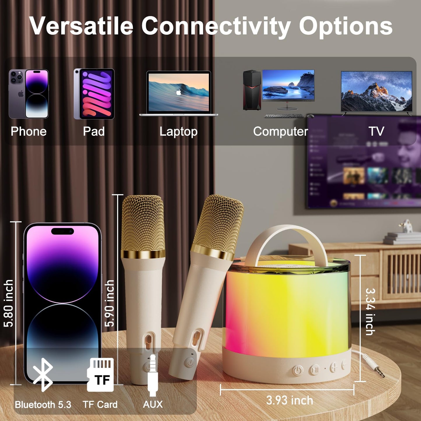Vekk Mini Karaoke Machine For Kids With 2 Wireless Microphones, Portable Bluetooth Speaker With Colorful Ambient Lights, Ideal H