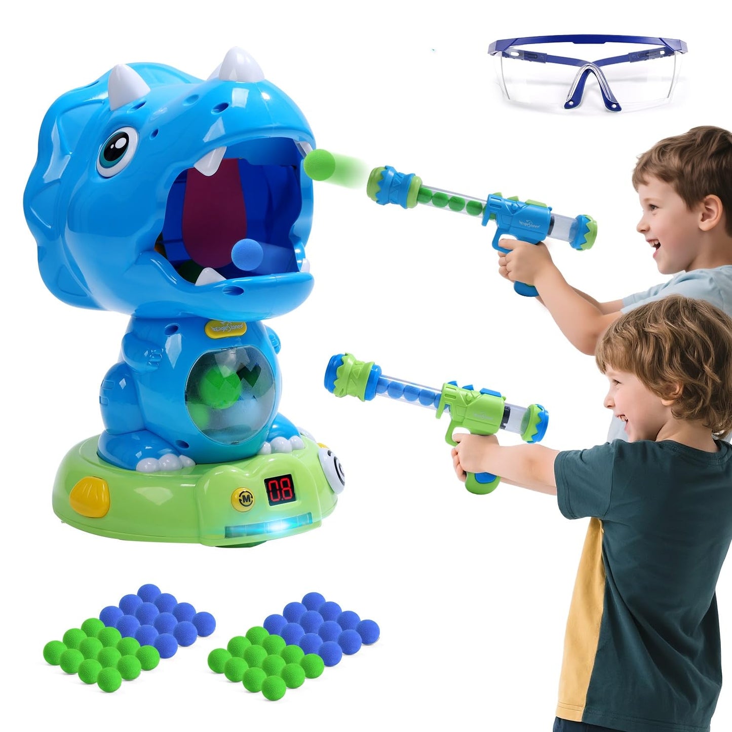 EagleStone Moveable Triceratops Shooting Toy - Medium EVA Foam, Blue, Model 8808-10B, LCD Score Record for Kids