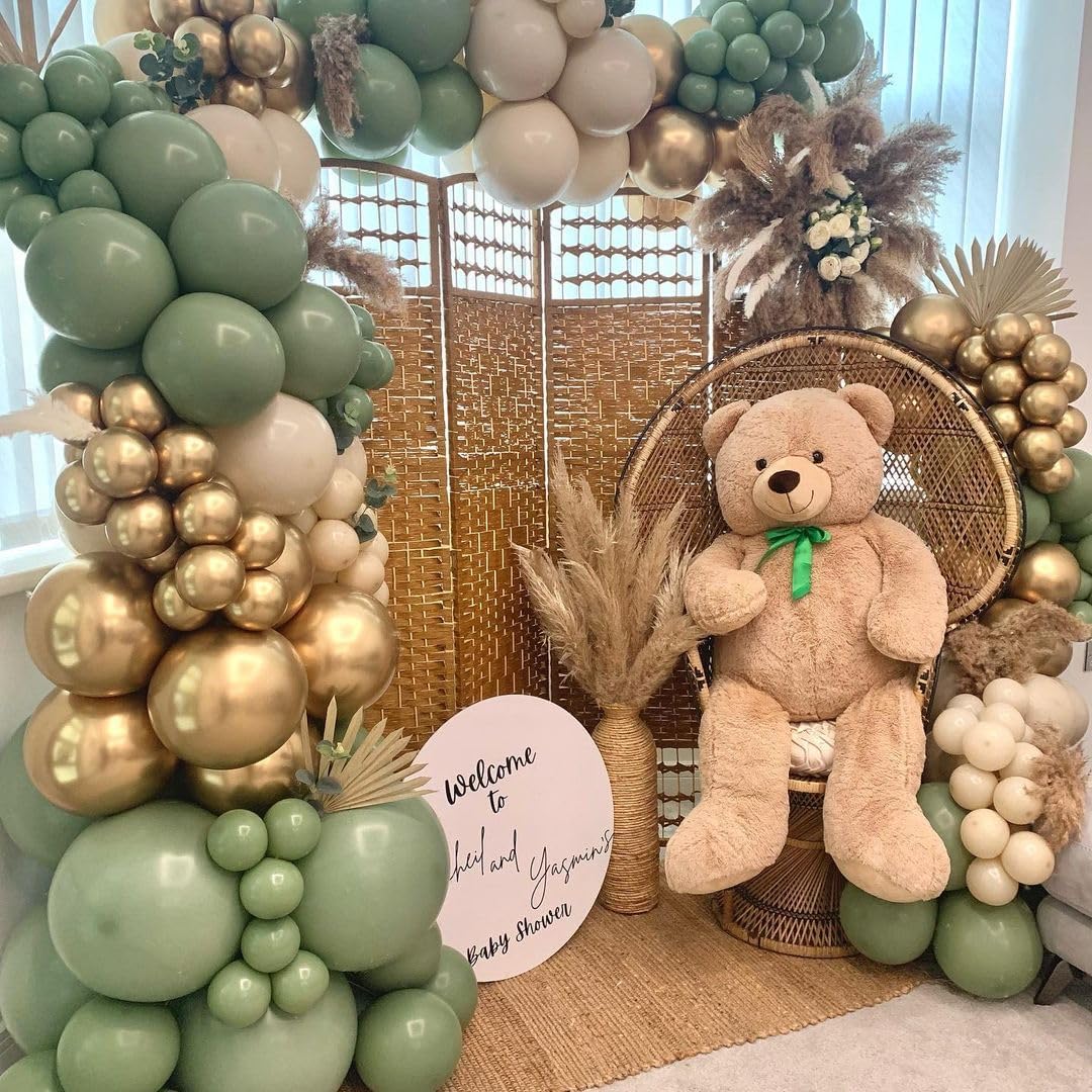 Sage Green And Gold Balloons, 60Pcs 12 Inch Sage Green White Sand Balloon Set With Metallic Chrome Gold Confetti Latex Helium Balloons For Jungle Safari Forest Theme Birthday Graduation Party Supplies