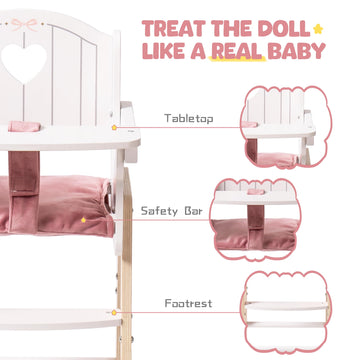Robud Play High Chair, Pretend Play High Chair With Cushion, Movable Table, Wooden Baby Doll Accessories, Fits 18-20 Inch Dolls, White