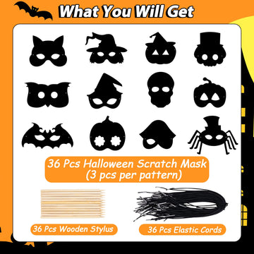 GOMANCHE 36 Pieces Halloween Scratch Art Masks for Kids, DIY Rainbow Magic Scratch Paper Masks for Crafts, Bat Witch Pumpkin Spi