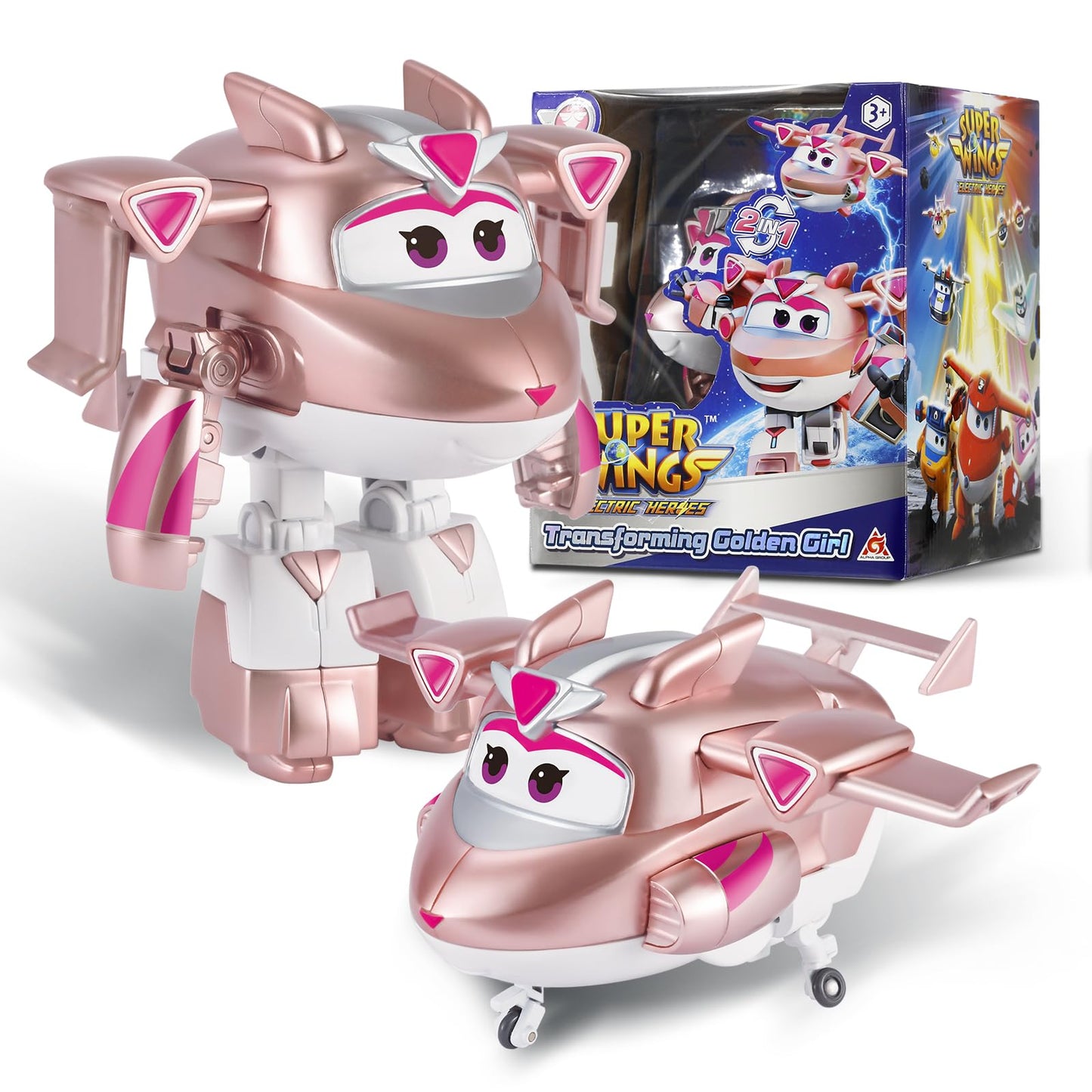 Super Wings Transformer Toys - 5" Golden Girl Airplane Rescue Bots Action Figures for Kids, Pink, Model YW780233, 2-in-1 Fun for Ages 3-7