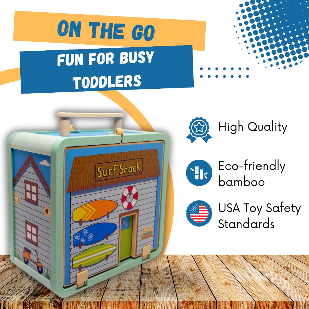 Jack Rabbit Creations Suitcase Playset (Surf Shack Design) 17 Piece Set - Portable Play Toys - Includes Surf Kids, Surfboards, S