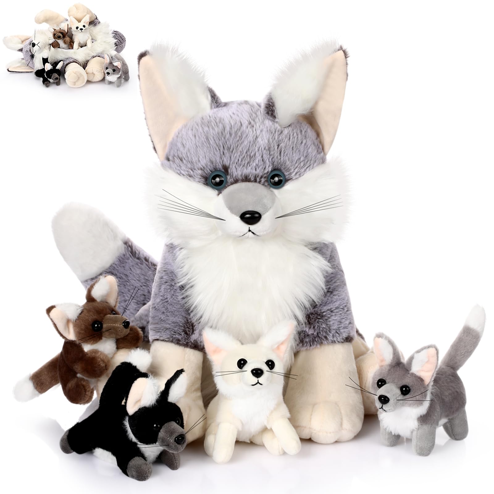 HyDren 5 Pcs Woodland Animals Plush Toys Set 13.4 Inch Large Fennec Fox Stuffed Animal with 4 Cute Babies Fox Plush Toys Gift for Birthday Holiday Baby Shower Party Decor(Gray Sitting)