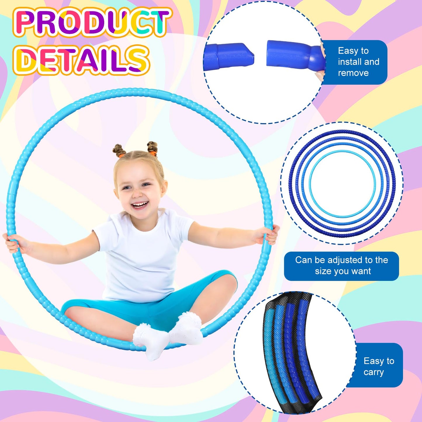 Syhood 12 Pcs Toy Color Hoop Plastic Detachable Adjustable Hoop Light Weight Exercise Fitness Equipment Toy Waist Ring for mature-themed Party  3 Sizes(Gradient Blue)