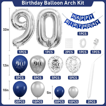 90Th Birthday Decorations Navy Blue Silver,90Th Birthday Balloon Garland Party Decorations With Number 90 Foil Balloons,Happy Bi