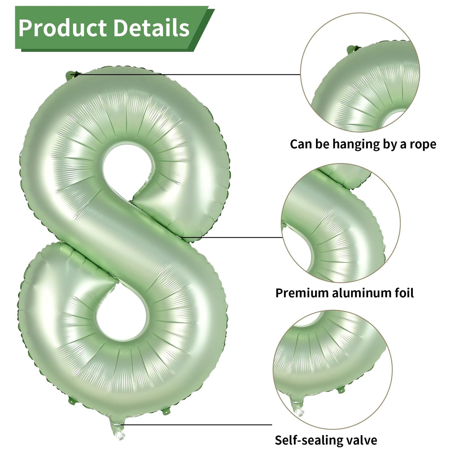 Biapian 40 Inch Sage Green Number 8 Balloons, Large 8Th Birthday Balloons With 18'' Foil Cream Brown Heart Balloon For 8Th Year