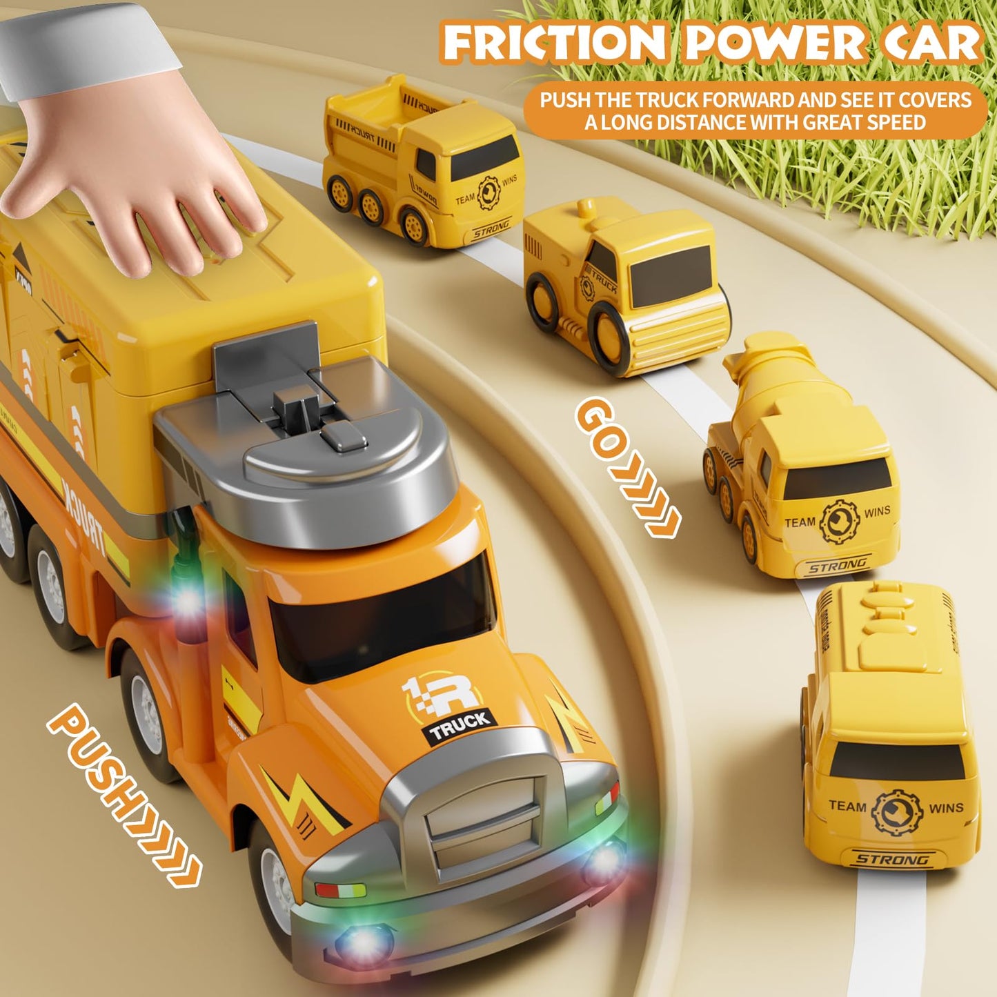 Dwi Dowellin Construction Truck for Kids Ages 3-5, Truck Transport Car with 4 Mini Vehicles & Playmat,Truck Toys with Light and