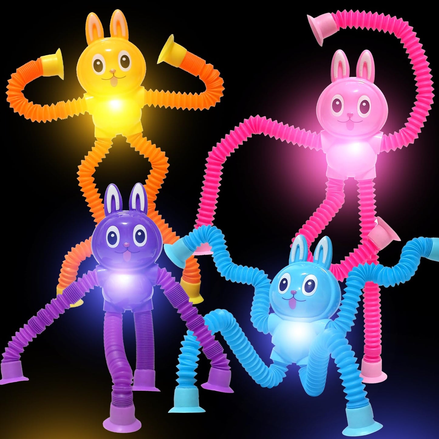 Easter Bunny Led Pop Tubes Light Up 4 Pcs Sensory Fidget Toys, Telescopic Suction Cup Easter Basket Stuffers Easter Egg Fillers