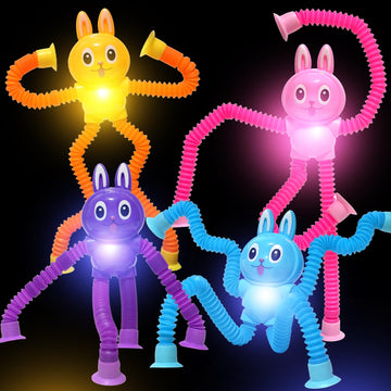 Easter Bunny Led Pop Tubes Light Up 4 Pcs Sensory Fidget Toys, Telescopic Suction Cup Easter Basket Stuffers Easter Egg Fillers