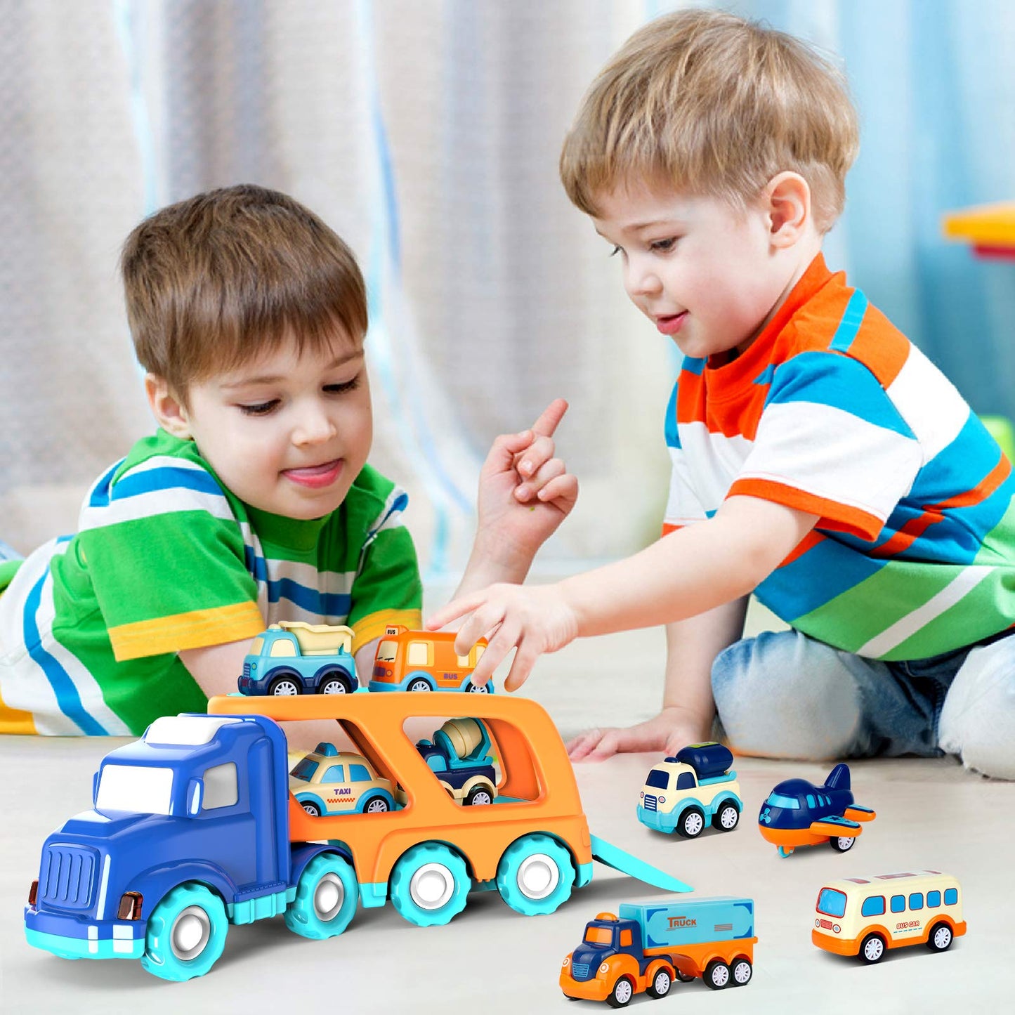 Forty4 9 Pack Cars Toys Set - Big Transport Truck with 8 Pull Back Trucks, Sound & Light, Blue, 13.5x5.5 inch, Ideal for Toddlers