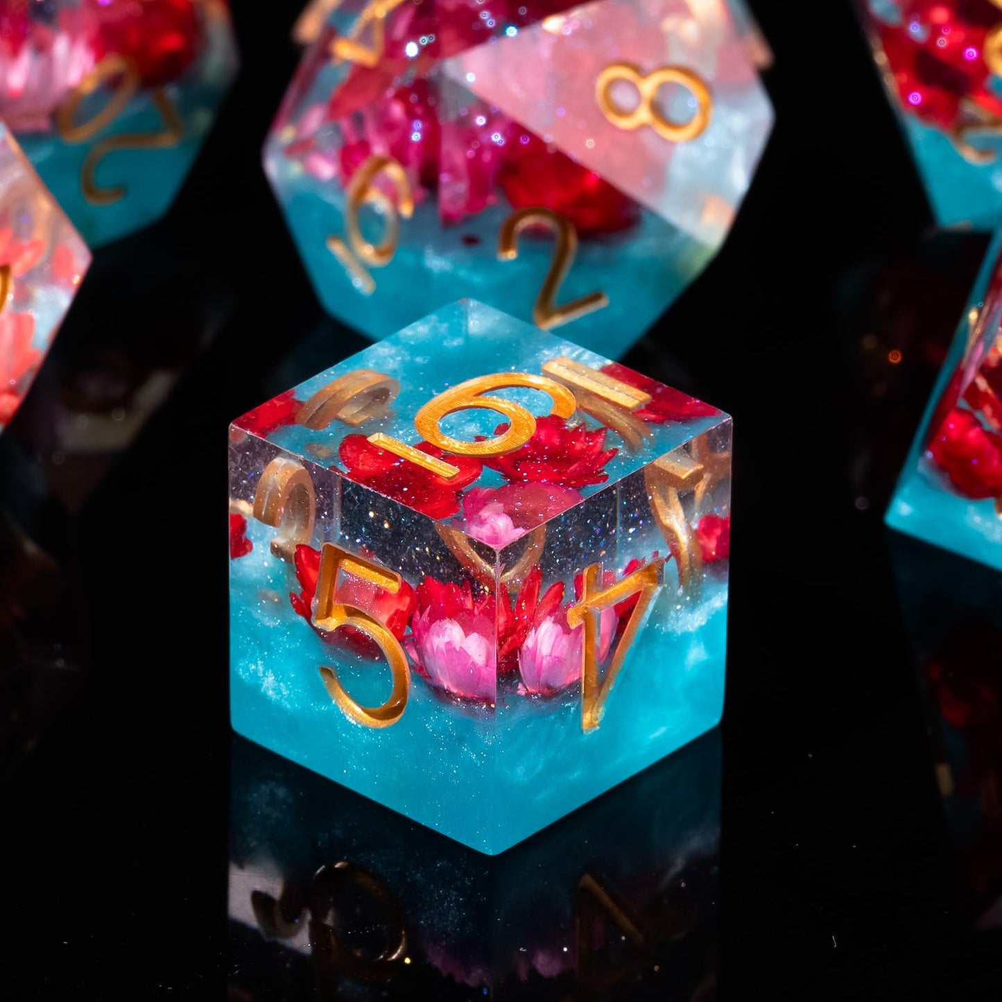 FugaCity 7-Piece Resin Polyhedral D&D Dice Set with Gift Case (Red Flower & Blue, Standard Size)