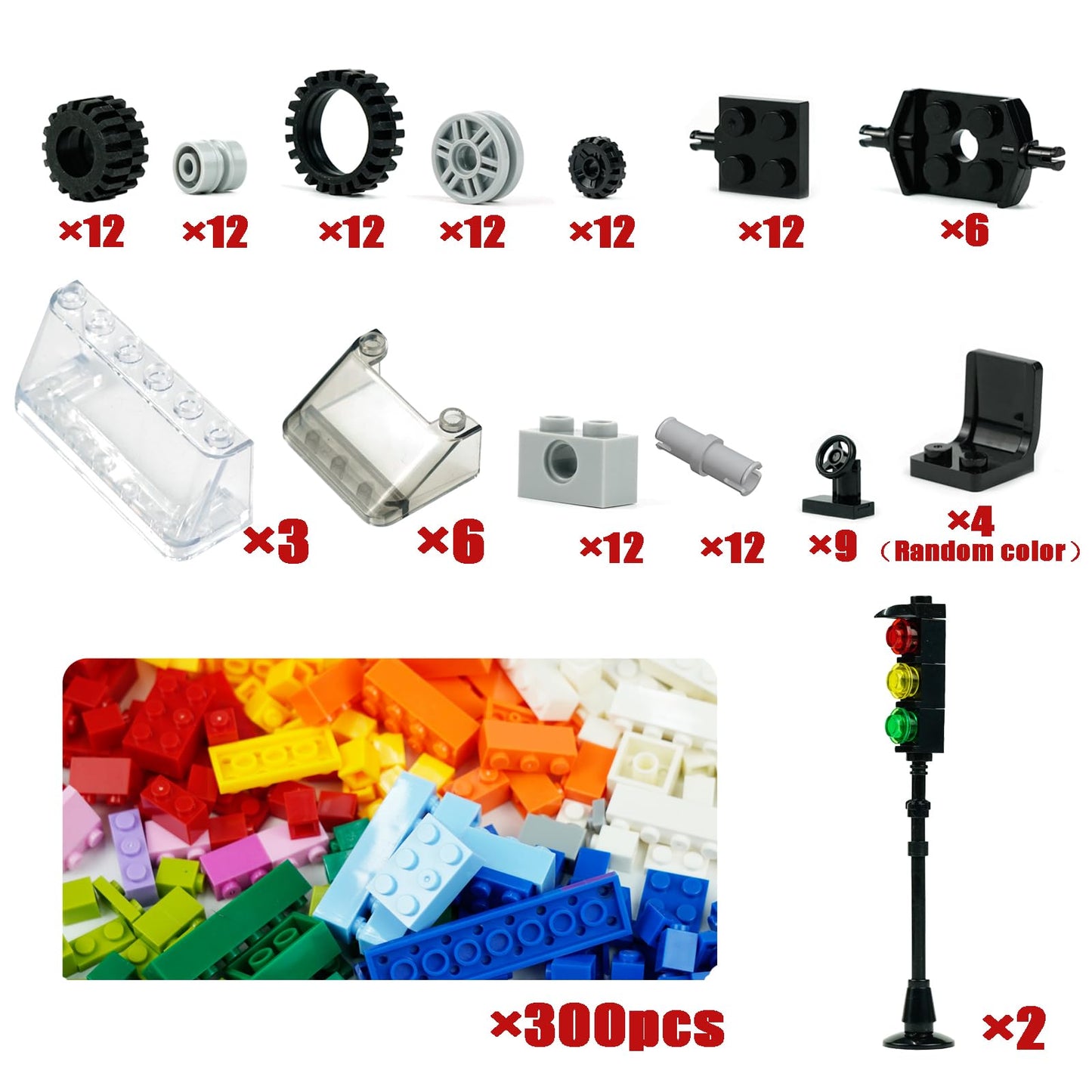 Wheels And Axles Sets With Steering Wheels& &Windshield&Traffic Light, Over 400Pcs Classic Bricks Pieces And Car Parts Kits, Basic Bulk Building Blocks Vehicles With Tires