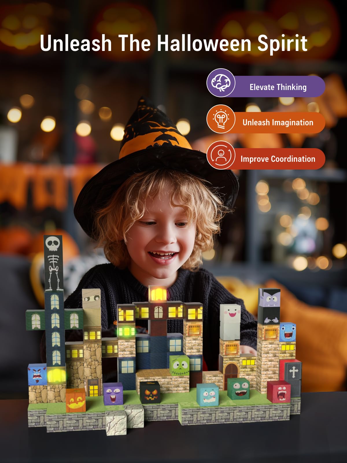 Veecafiodi Magnetic Blocks -137Pcs Lights Halloween Building Blocks,World Magnetic Tiles Kids Build Cubes 3+,Stem Toys For 3-5 4