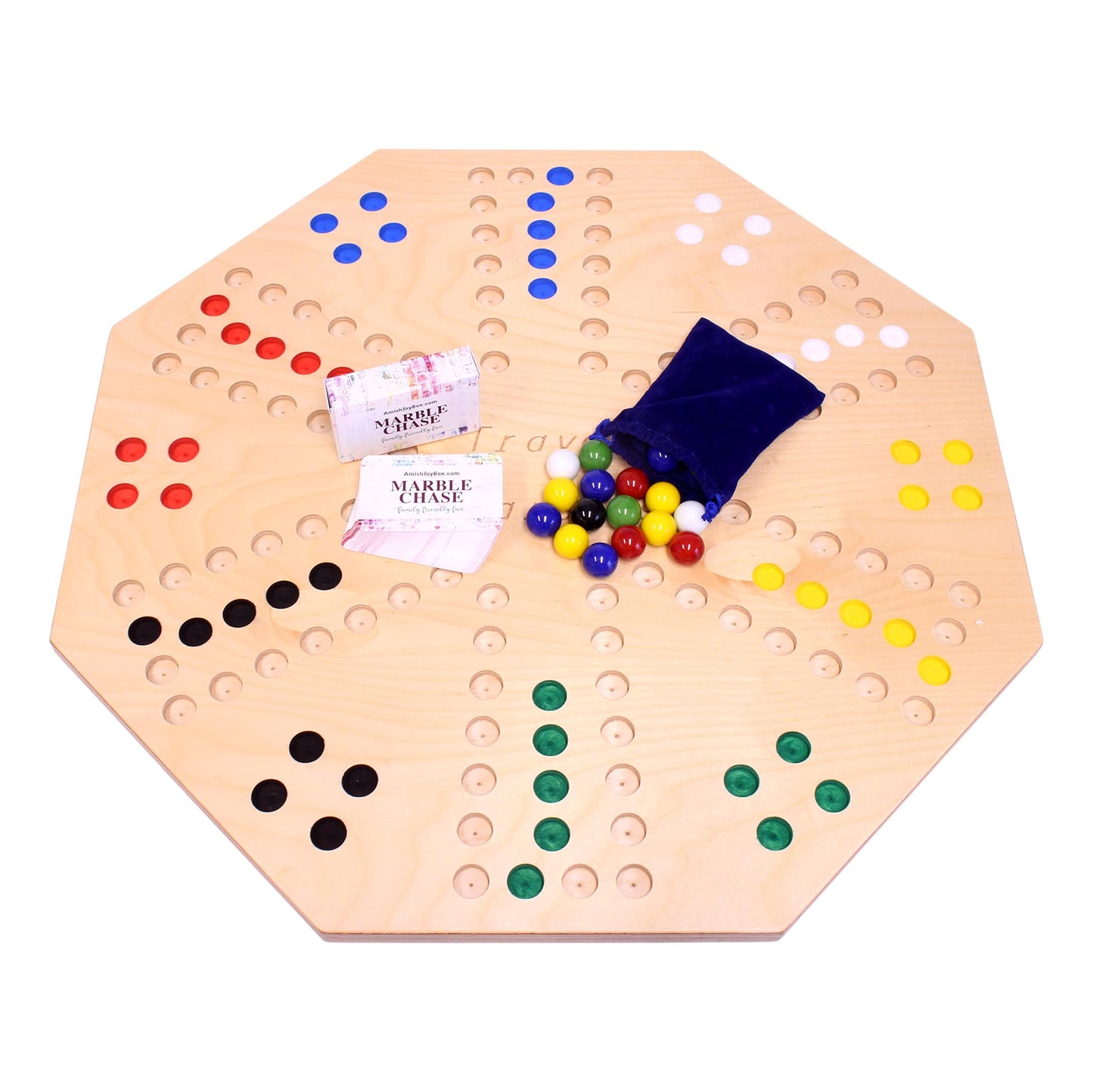 Amishtoybox.Com Travel Marble Chase (Cards N' Marbles) Wooden Board Game Set - Double-Sided 23'' Wide Board - Includes Carry Bag