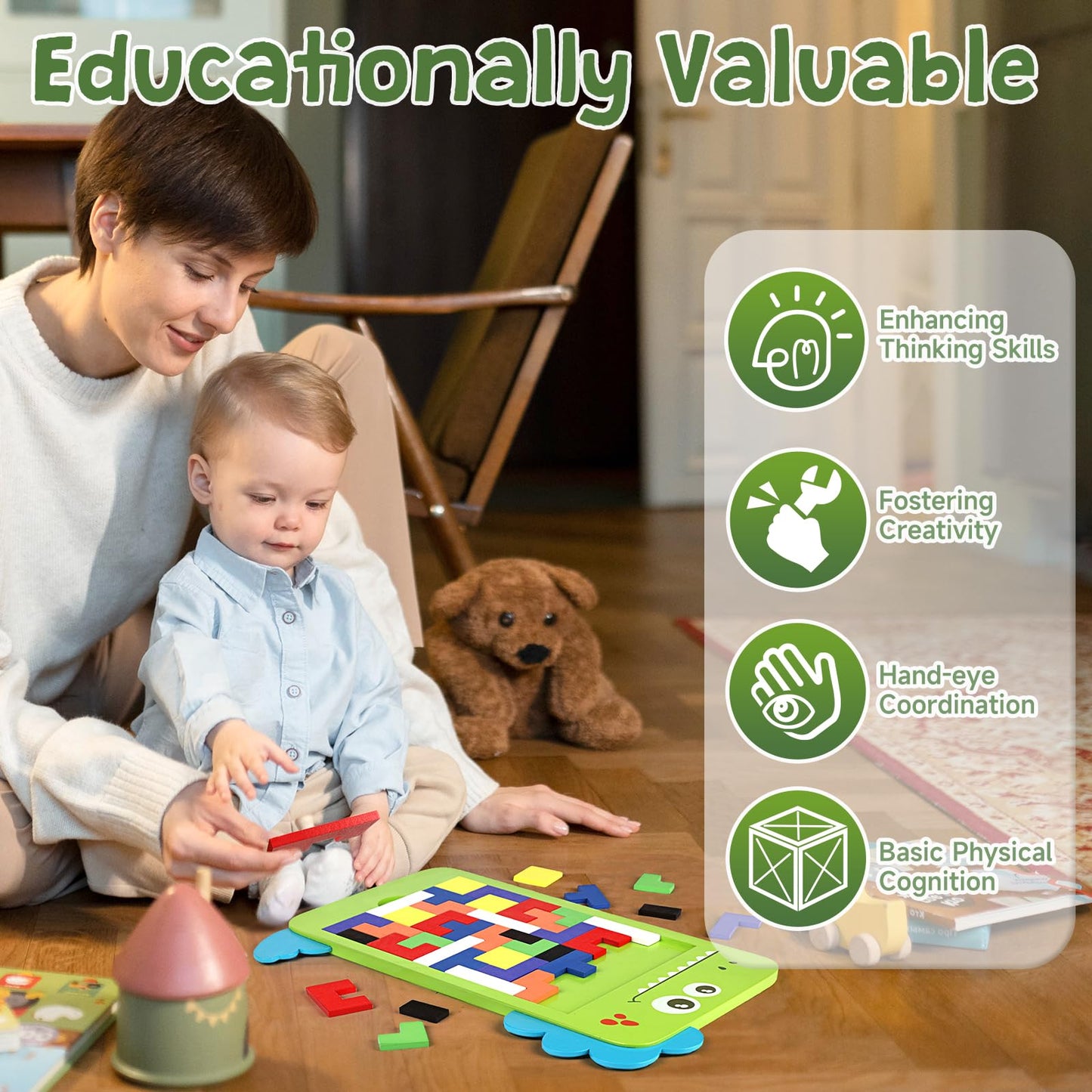 Mindpal 40 Pcs Wooden Blocks Puzzles, Jigsaw Puzzles, Dinosaur Wooden Brain Teaser Puzzles Iq Game Toy, Educational Puzzle, Inte