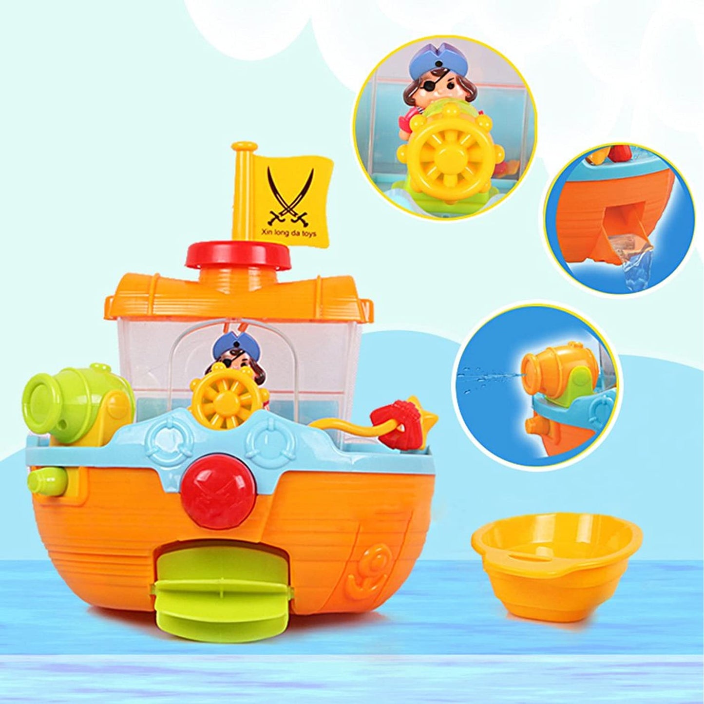 Wall Mountable Pirate Ship Bathtub Bath Toy for Kids with Water Cannon and Boat Scoop