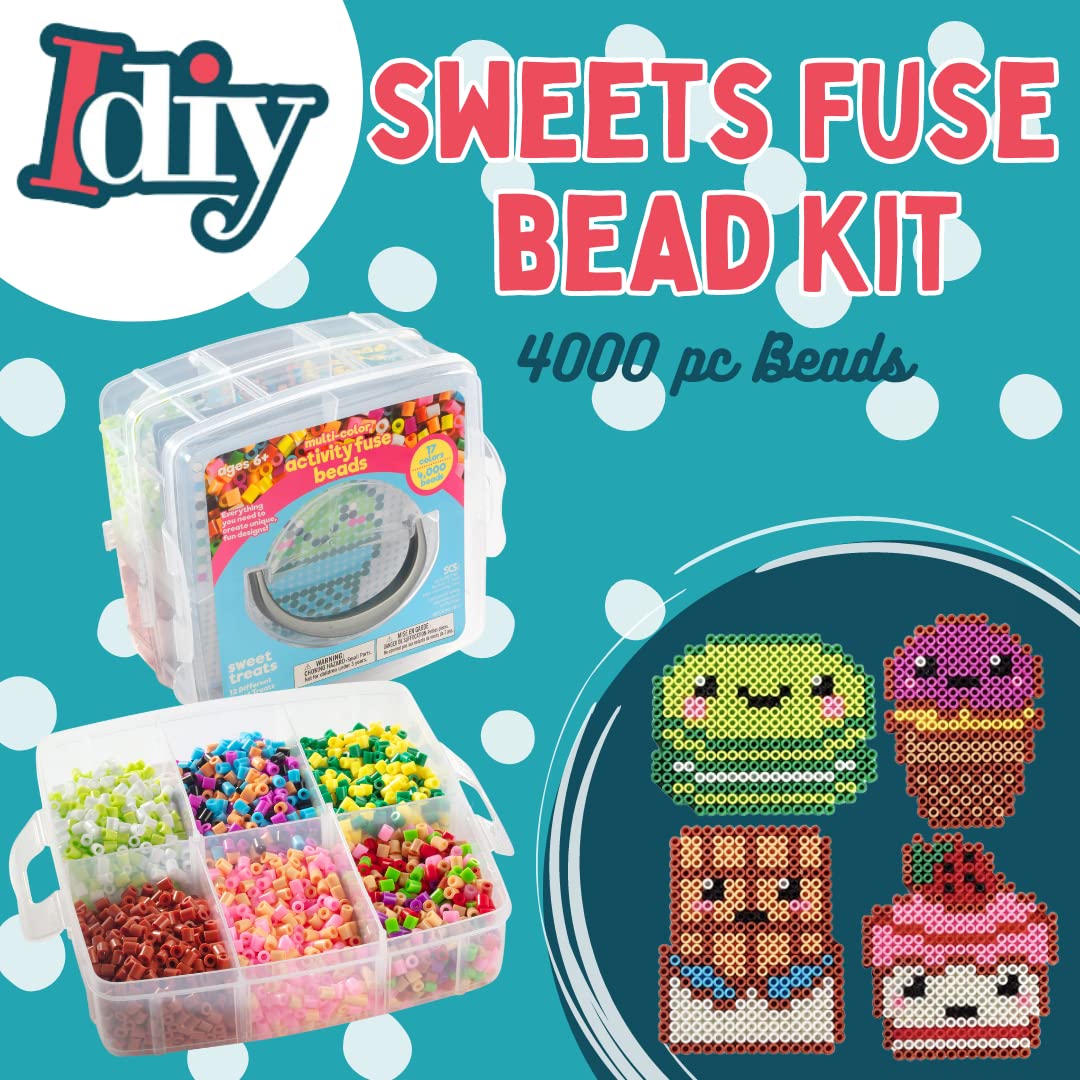 SCS Direct 4,000pc Fuse Beads Sweet Treats w CASE -17 Colors, 12 Unique Templates, 2 Peg Boards, Tweezers, Ironing Paper - Bulk