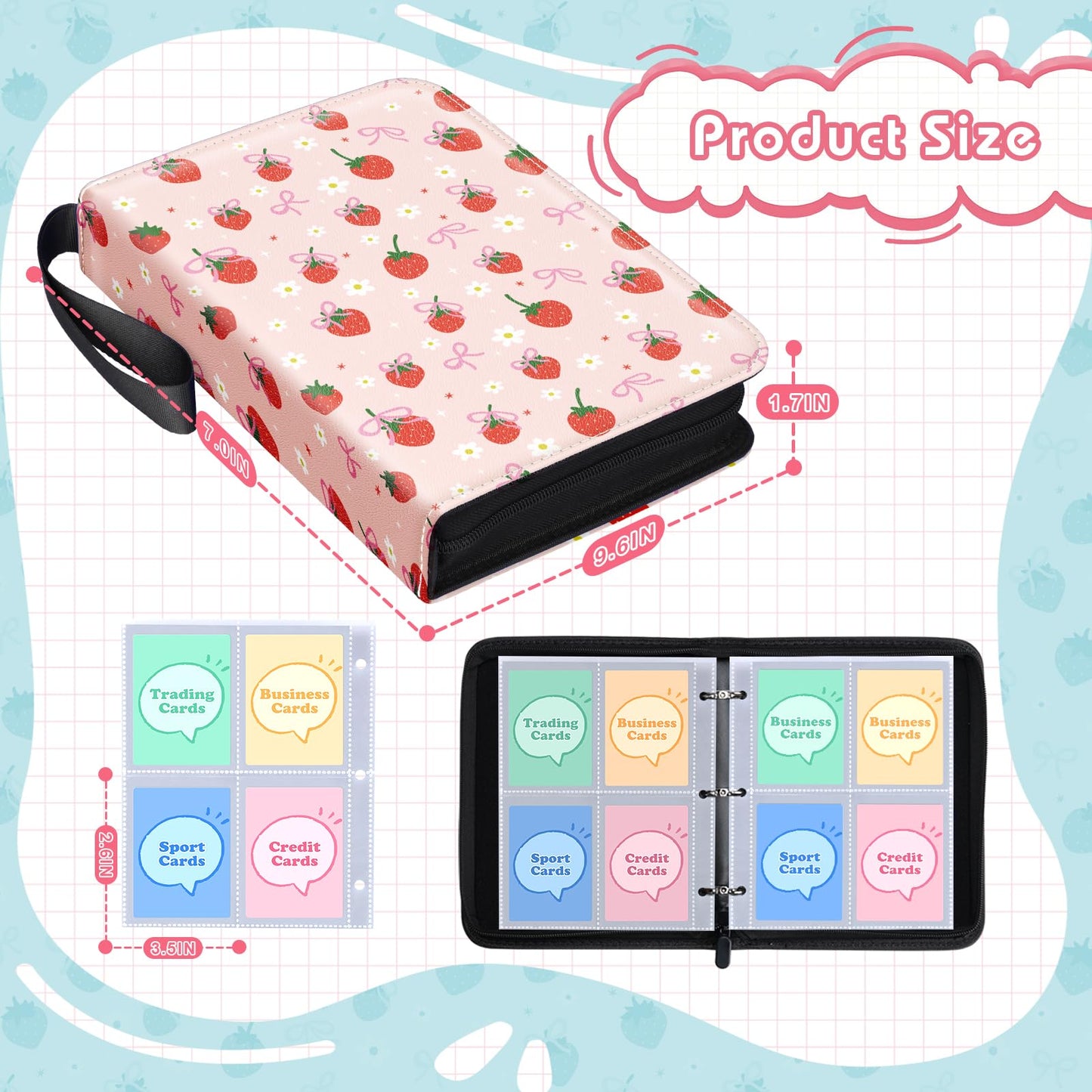 enhanced 4 Pocket Trading Card Binder Holder 400 Cards with 50 Removable Sleeves | PU Leather Zipper Album Book for Sports Cards  Game | Card Storage & Organization for Girls Collector Strawberry Pink