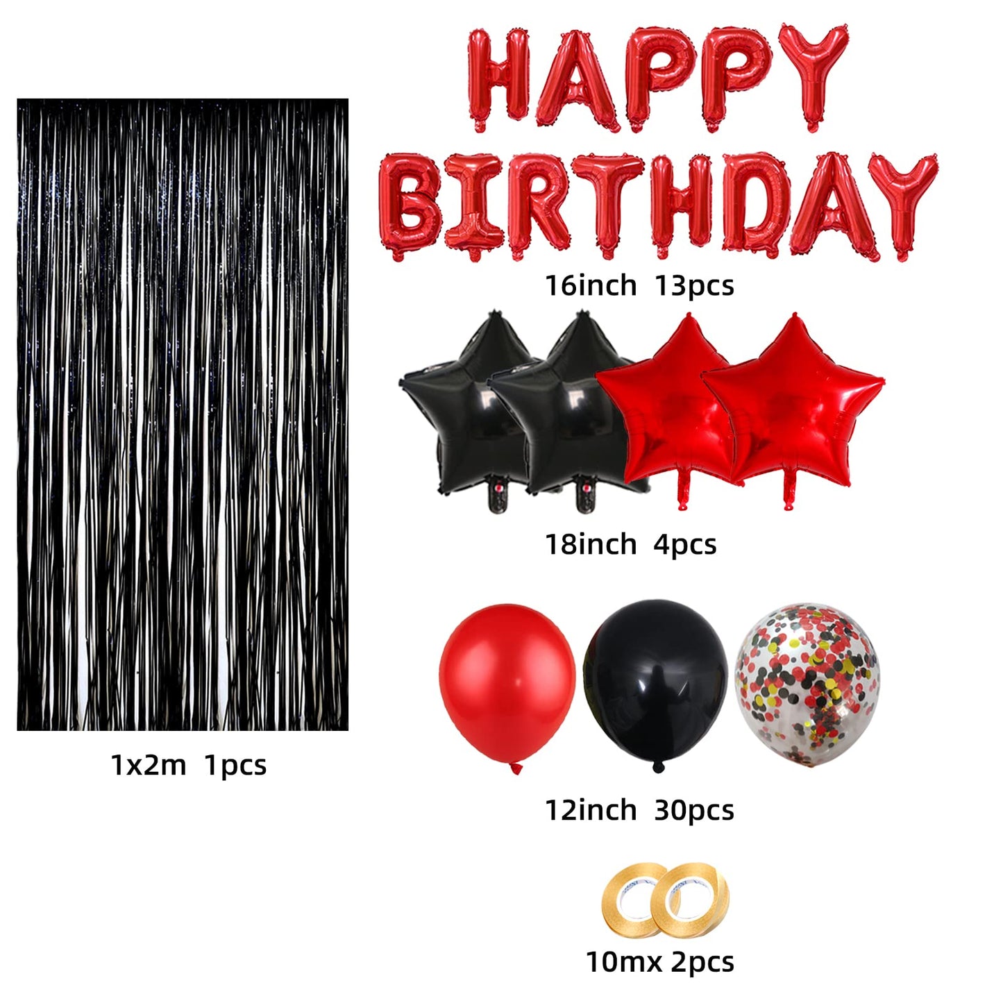 Red Black Birthday Party Decoration Kit - Happy Birthday Banner,Fringed Curtain,Latex Balloon And Confetti Balloons For Girls An