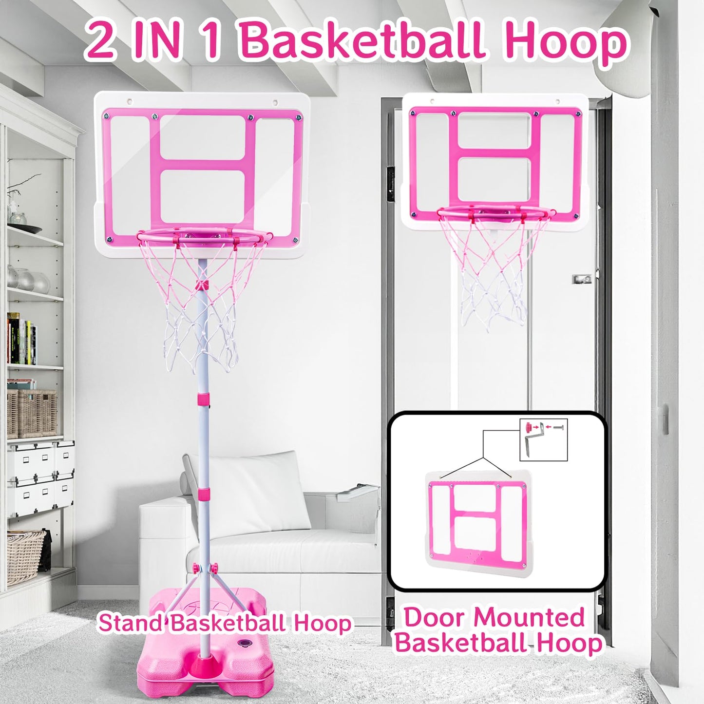 Kids Basketball Hoop With Stand, Adjustable Height 3.5Ft-6.2Ft Toddler Basketball Hoop, Basketball Goal Outdoor Indoor Toys For Girls Age 3 4 5 6 7 8 Years Old Gifts(Pink)