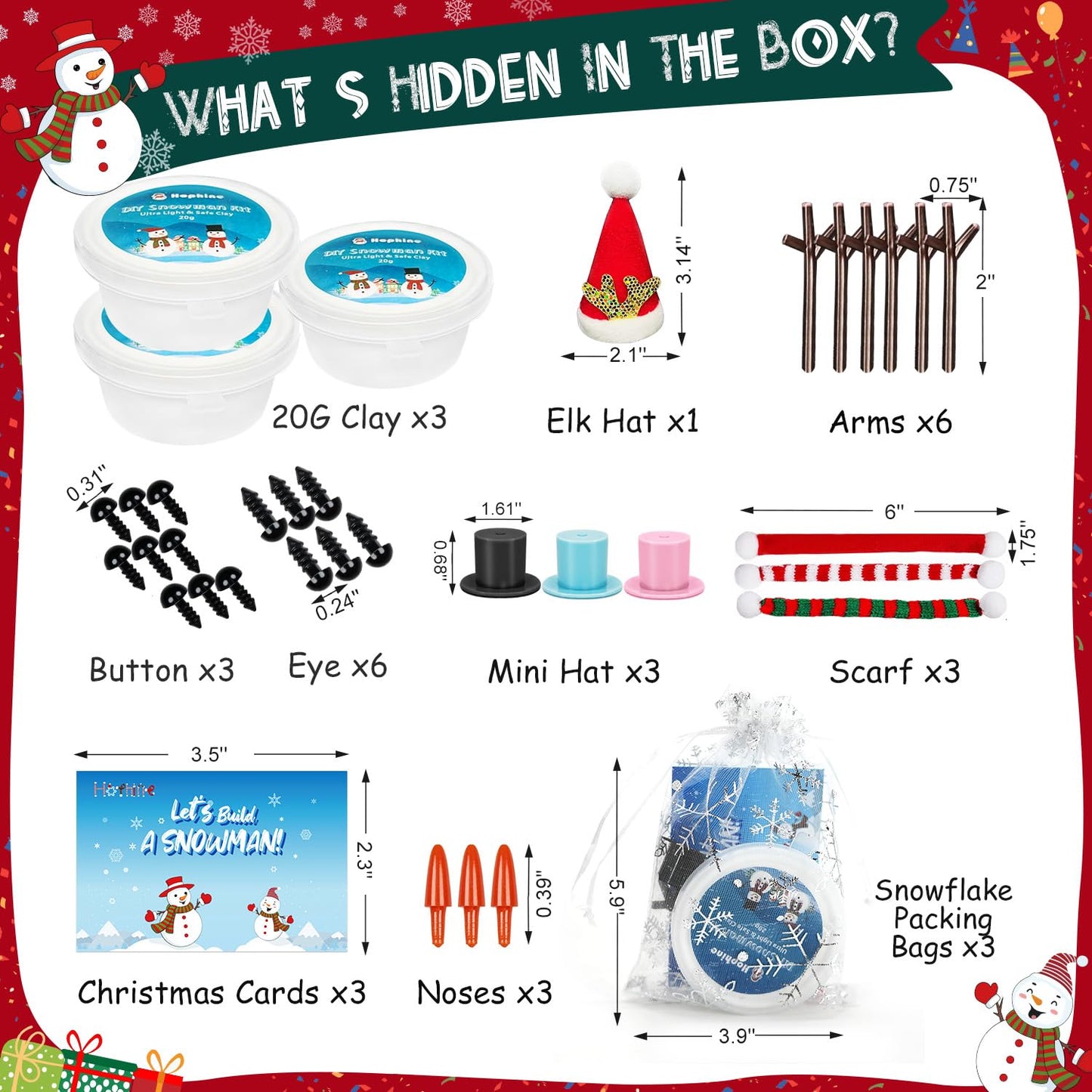 Hophine 3-Pack Build a Snowman Kit - Molding Clay DIY Crafts for Kids, Multicolored, Perfect for Christmas Stocking Stuffers