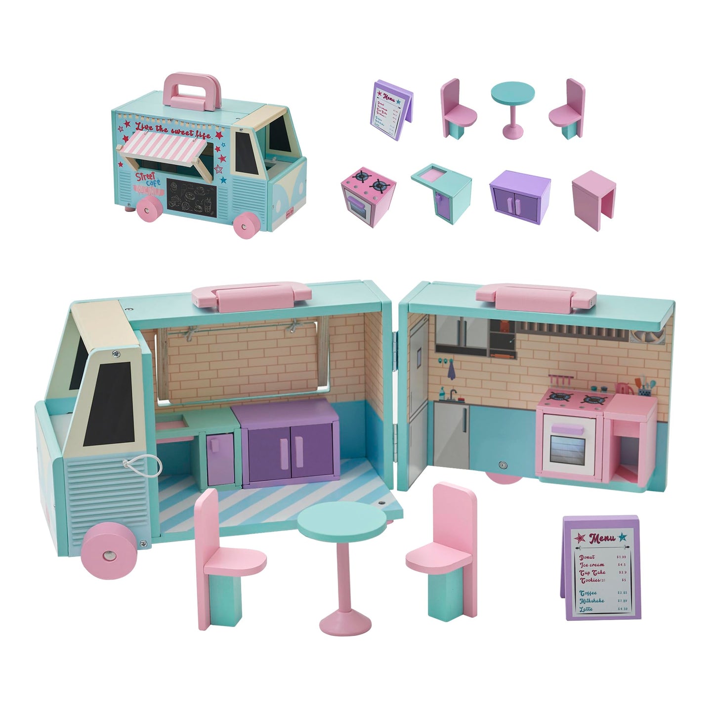Olivia'S Little World Wooden Food Truck Dollhouse + Accessories For 3.5' Dolls, Multi