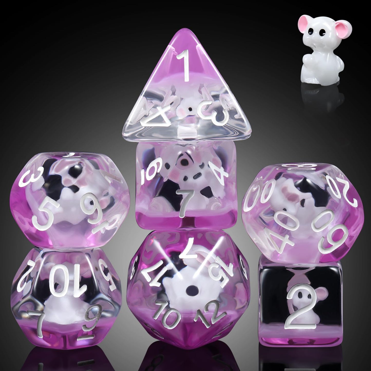 Mouse Resin DND Dice, DNDND 7PCS D&D Die with Velvet Pouch for Dungeons and Dragons Role Playing Games and Tabletop Games(Mouse)