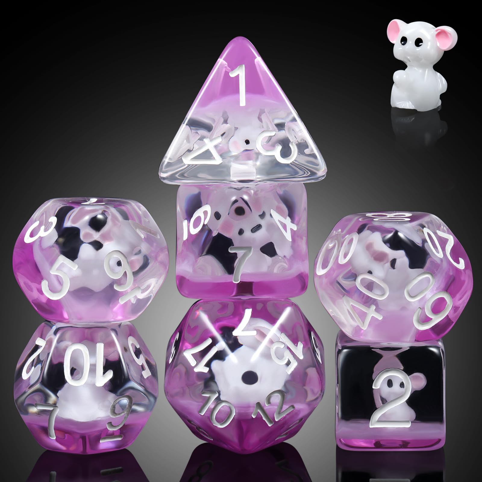 Mouse Resin DND Dice, DNDND 7PCS D&D Die with Velvet Pouch for Dungeons and Dragons Role Playing Games and Tabletop Games(Mouse)