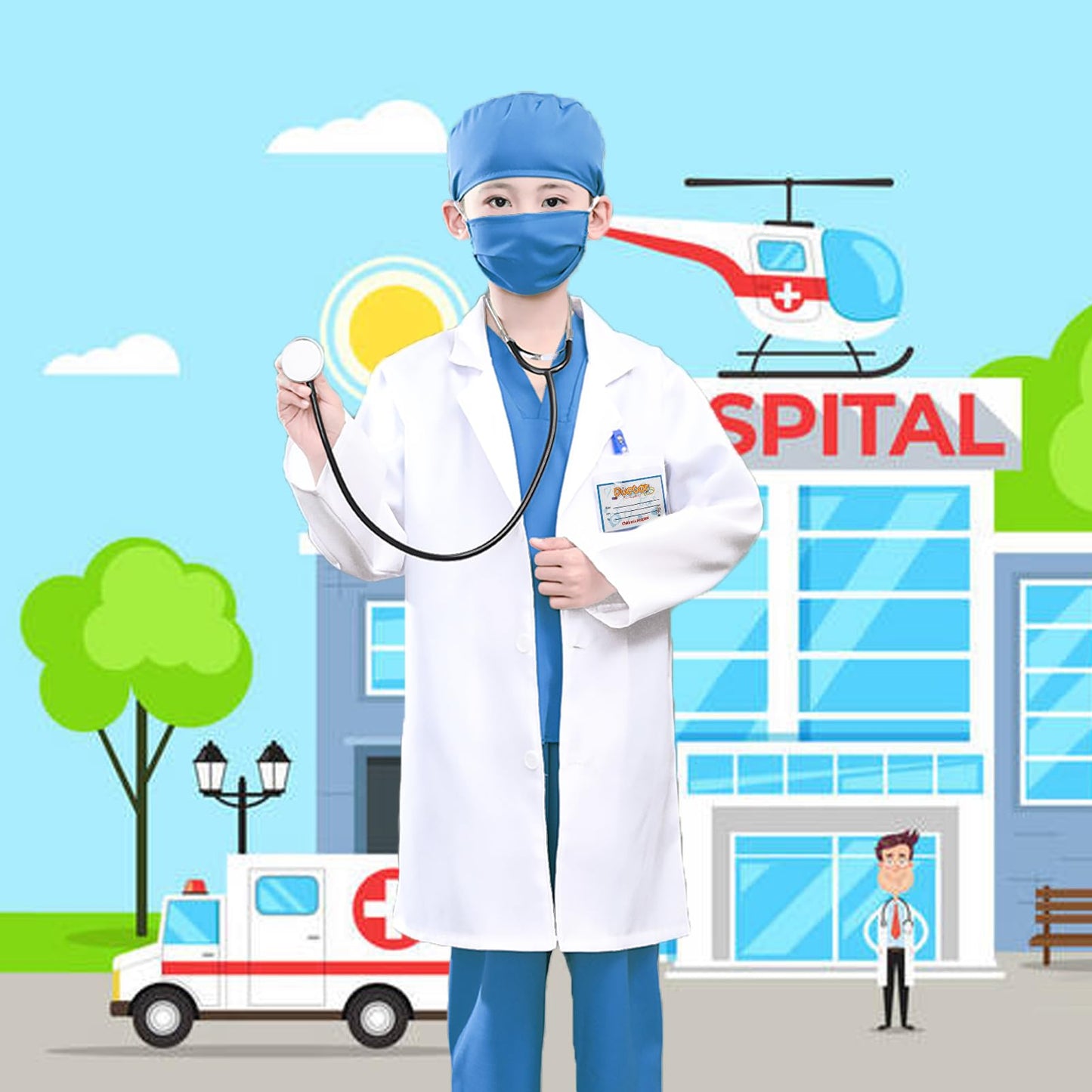 S3XY-FIV5 Kids Nurse Doctor Dentist Costume for Play House Pretend Play Dress Up Party - Blue 4-5 Yrs 120cm