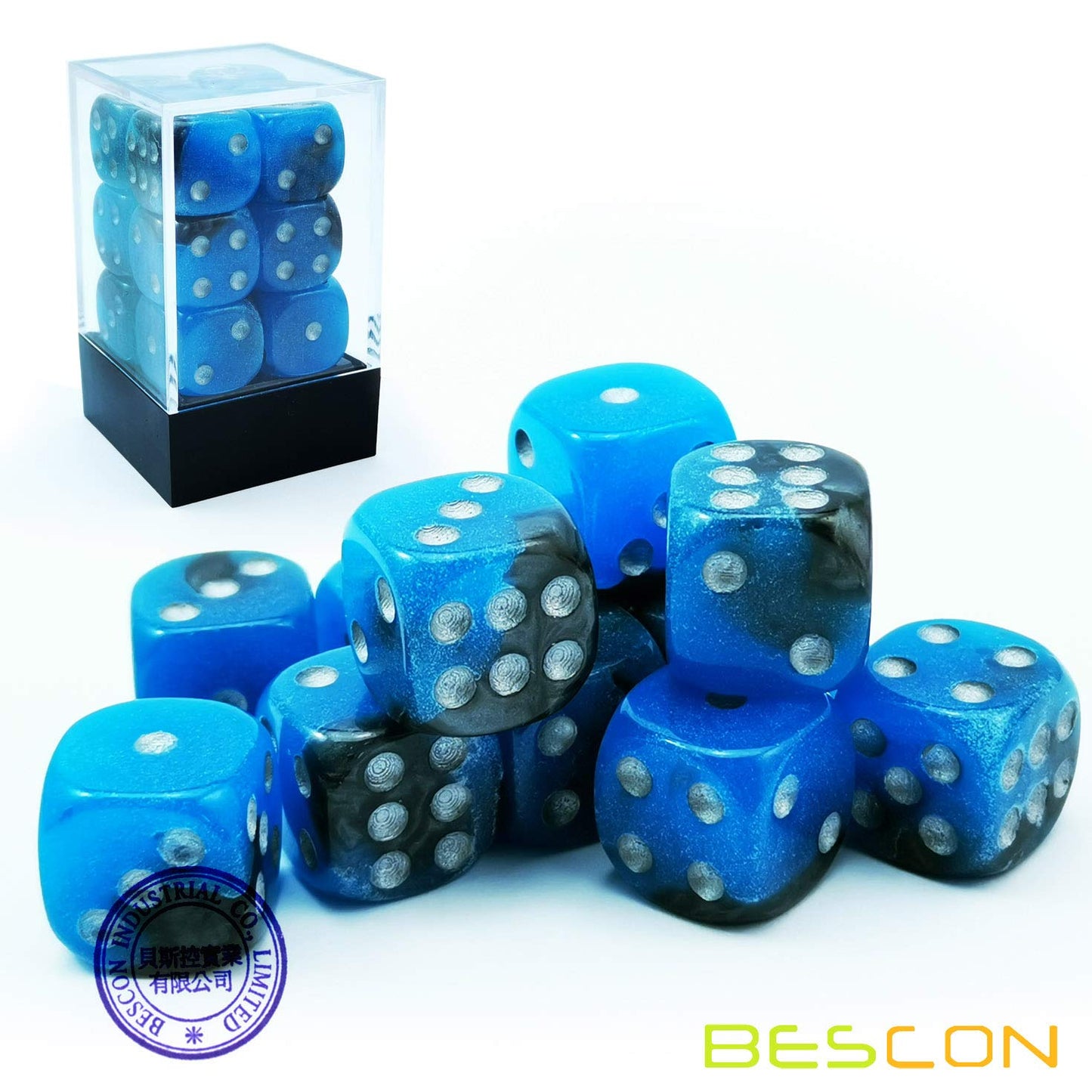 Bescon Two Tone Glowing Dice D6 16mm 12pcs Set Blue Dawn, 16mm Six Sided Die (12) Block of Glowing Dice