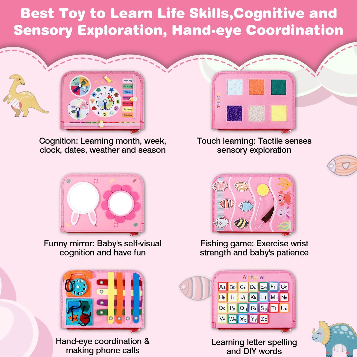 Jhkim Busy Board For Toddlers 1-4, Sensory Board Travel Toys Gifts For 1 2 3 4 Year Old Girls Boys, Montessori Toys To Learn Fine Motor Skills, Educational Activities Busy Book For Airplane Car (Pink)