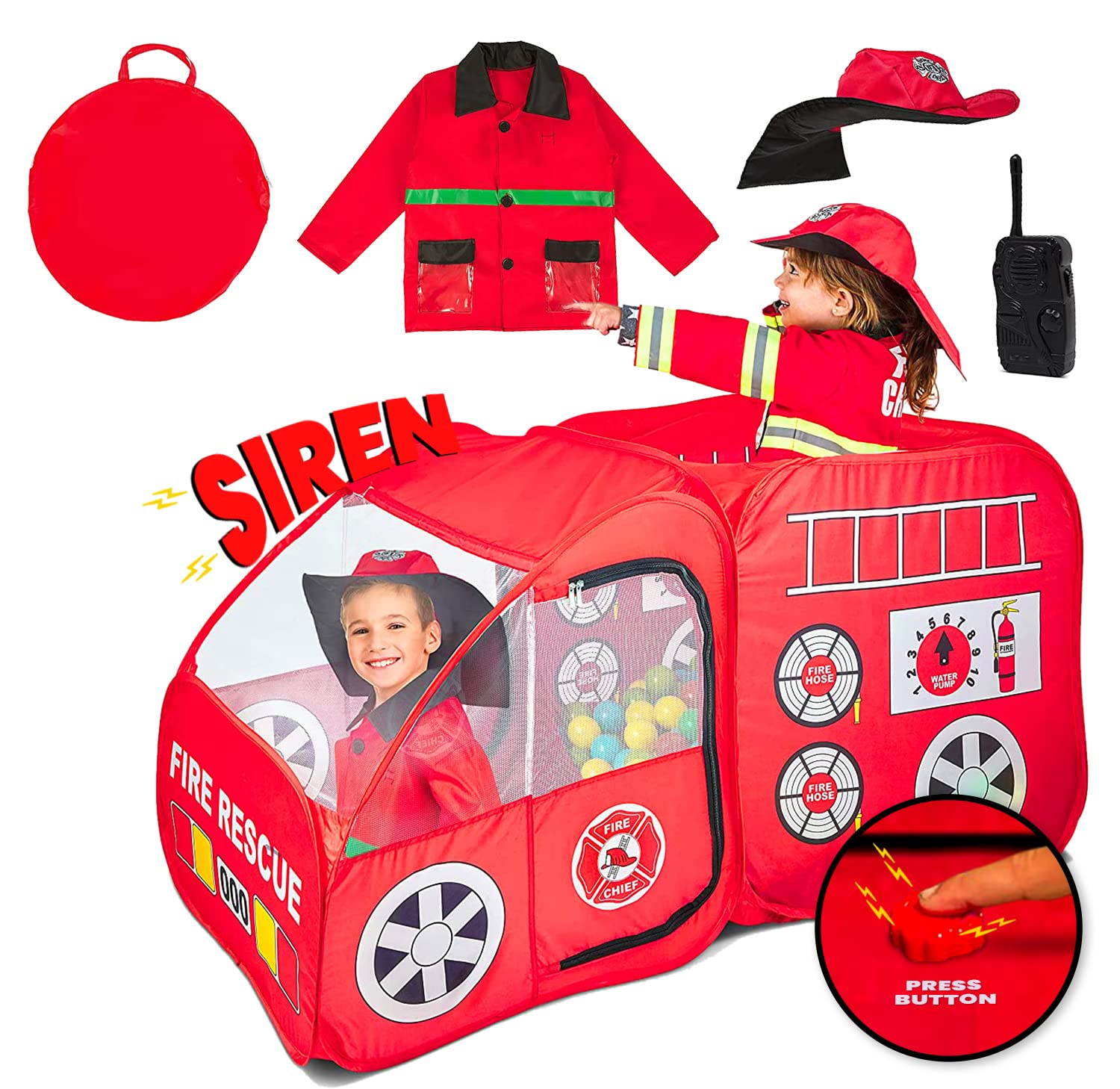 Kiddey Fire Truck Tent For Kids | Firetruck Play Tents With Sirens And Fireman Sounds For Girls, Boys, & Toddlers Gifts | Red Fire Engine Pop Up Playhouse With Costume | Indoor & Outdoor Baby Tent