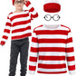 Fancyfun 3 Pieces Kids Halloween Costume Set, Boys Costume Red And White Striped Shirt Beanie Hat Glasses For Cosplay Party 3-4T