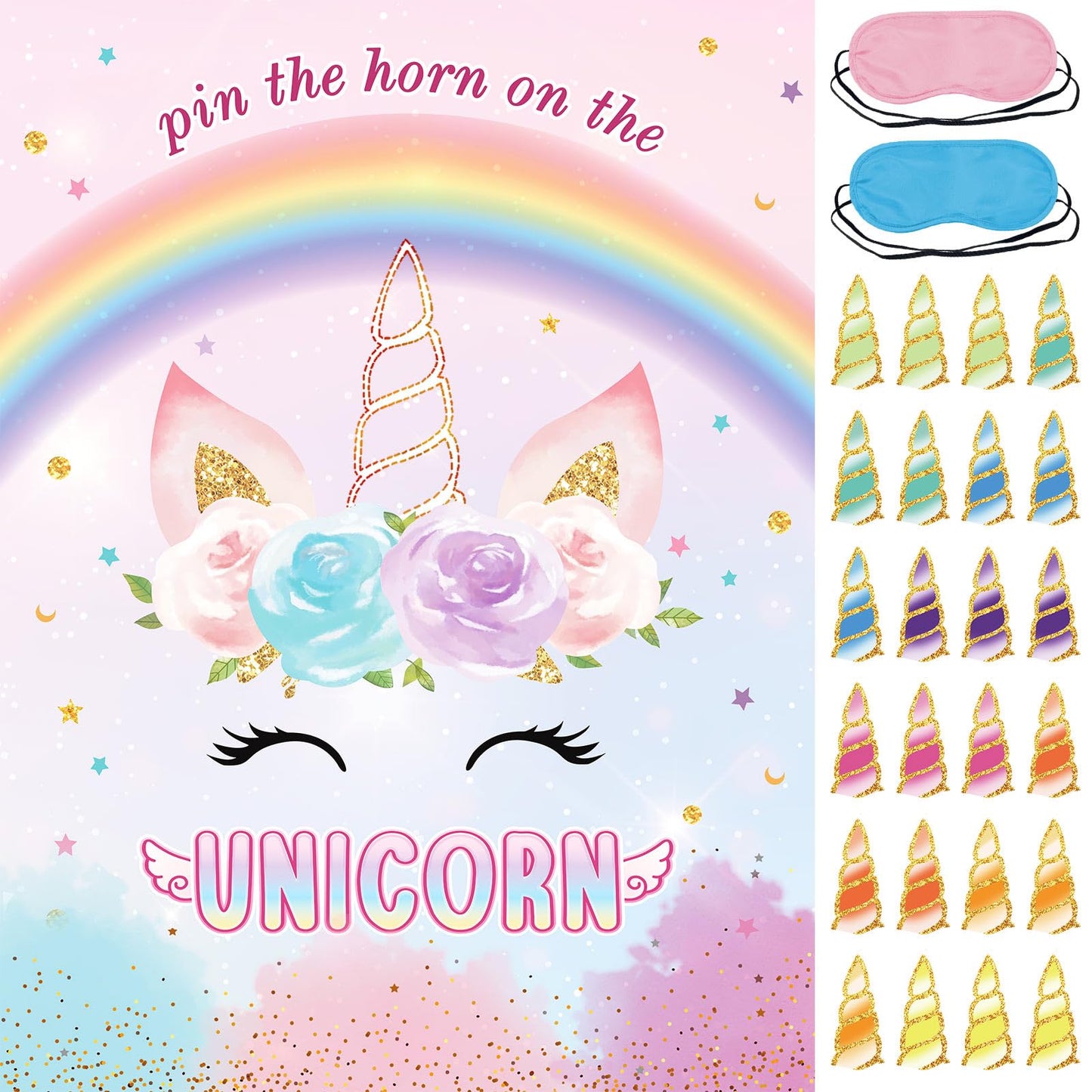 Pin The Tail On The Unicorns Party Game With 24 Pcs Tails For Kids Girls Birthday 21'' X 28'' (Unicorns)