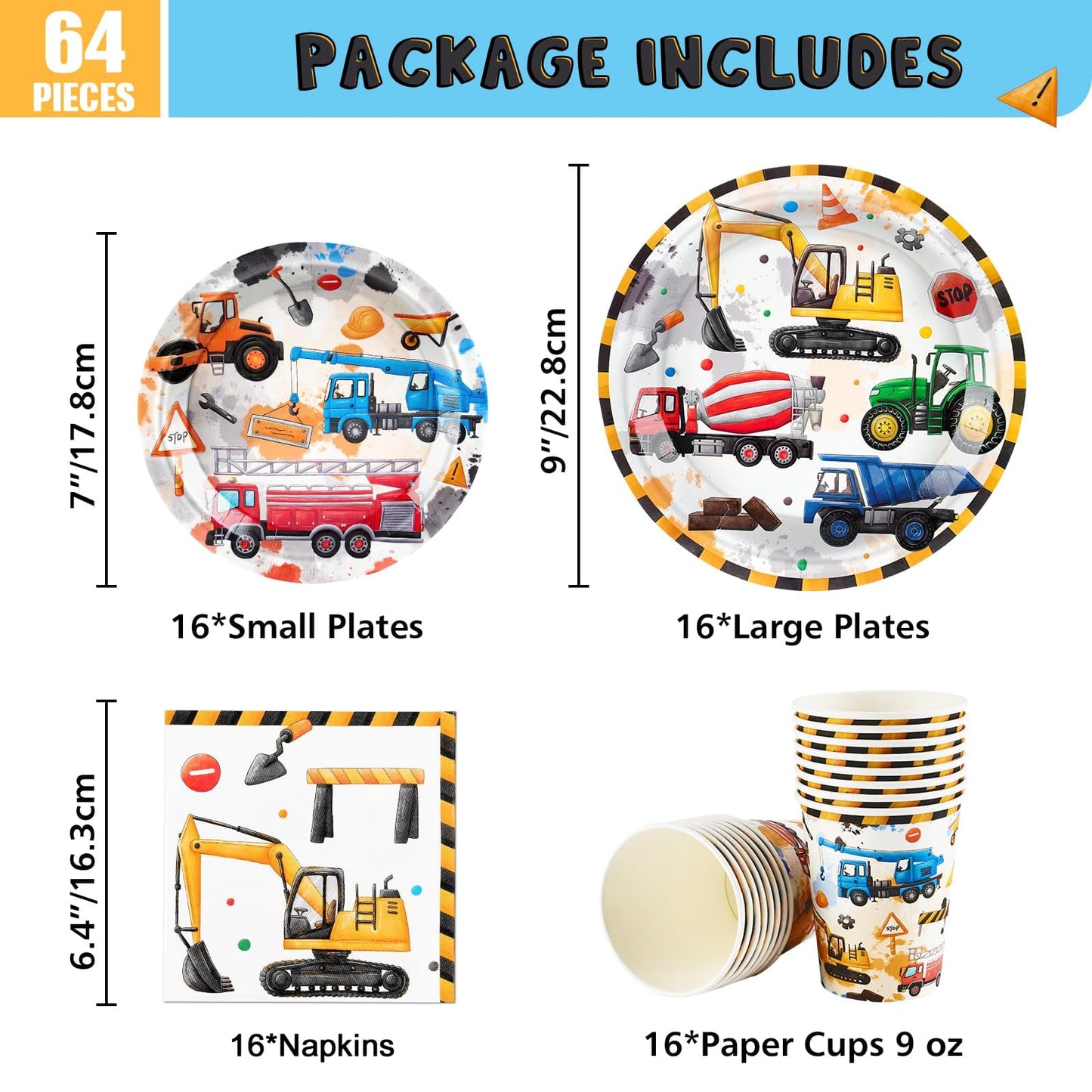 Wernnsai Construction Party Supplies Set - 64 Pcs Dump Truck Theme Birthday Party Decorations Disposable Paper Plates Cups Napkins Tableware For Boys Kids Baby Shower Excavator Birthday Party Decor