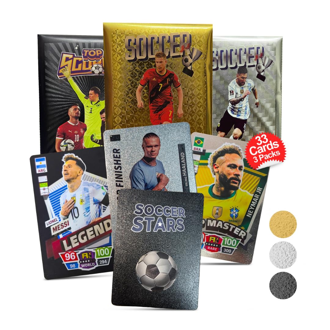 Soccer Trading Cards 2025-26 | 3 Packs - 33 Collectible Cards for Fans & Players Black  Gold & Silver Soccer Mystery Cards Packs Different Cards in Each Set - Try & Collect Them All