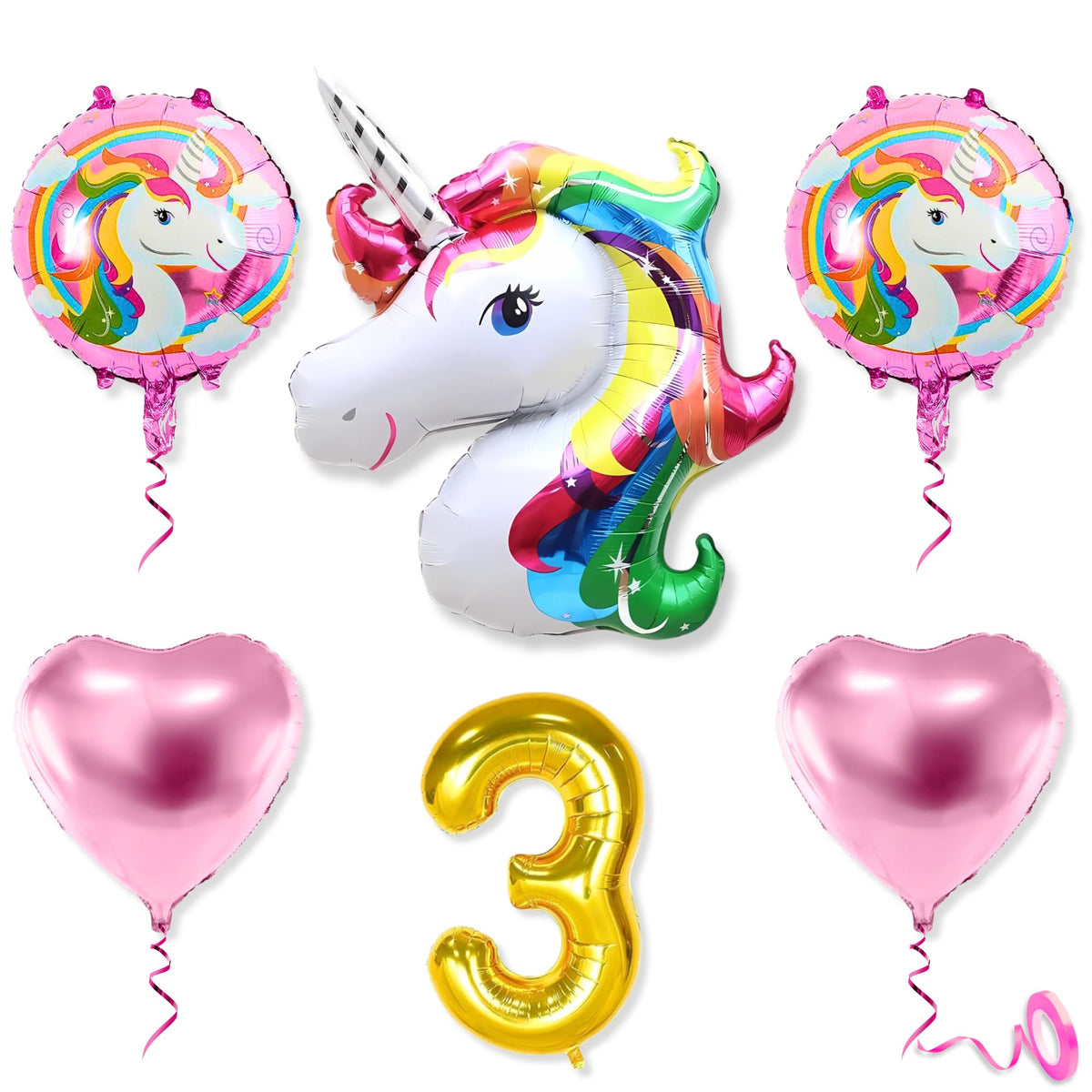 Mystic Toy Store 3rd Unicorn Balloons for Birthday Decoration Kit Pink White 3 year Old Baby Boys Girls Kids 5 Pcs Unicorn Theme