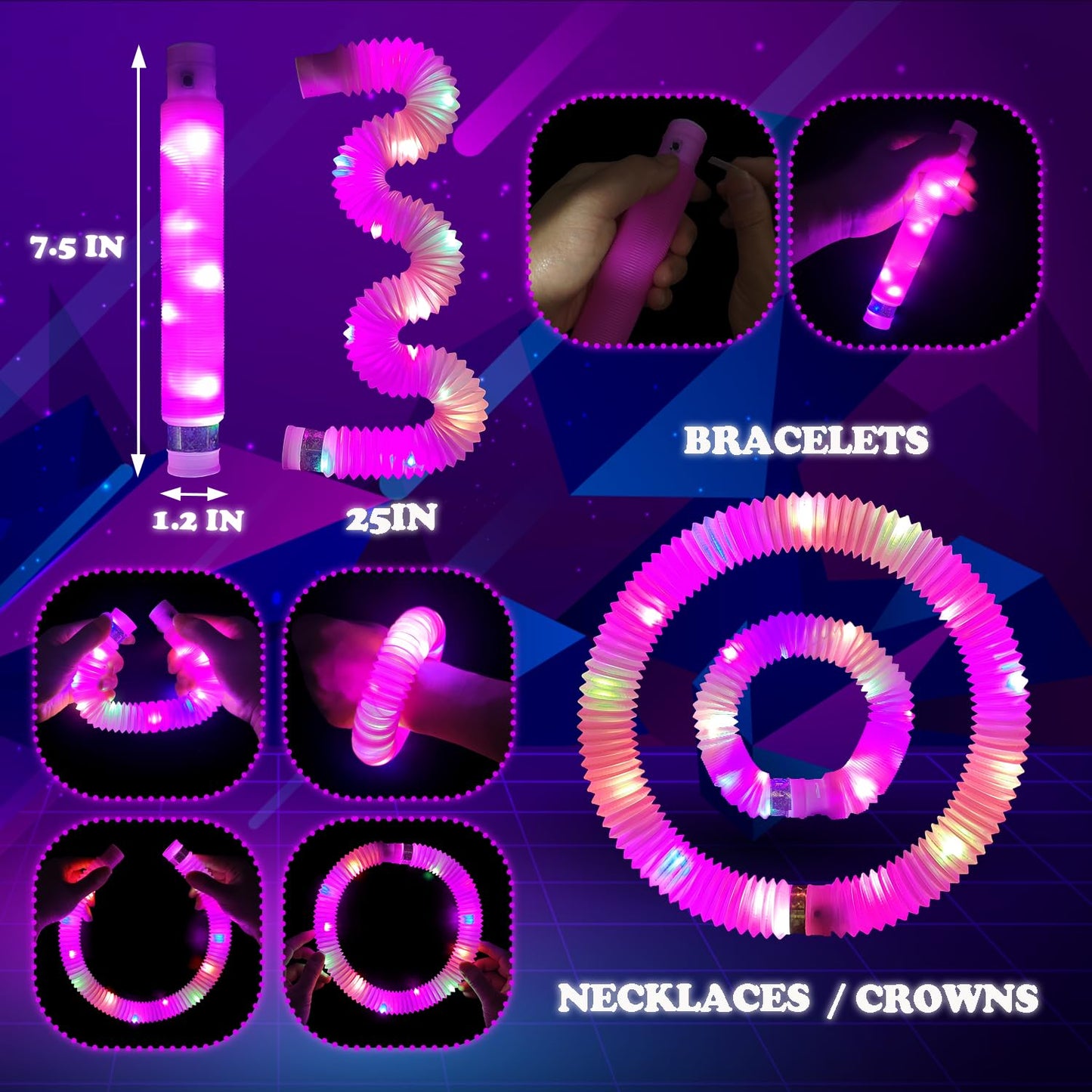 Kannove 12 Pcs Pink Glow Sticks Party Favors For Kids,Led Light Up Pop Tubes For Toddlers,Neon Necklaces Bracelets Accessories,G