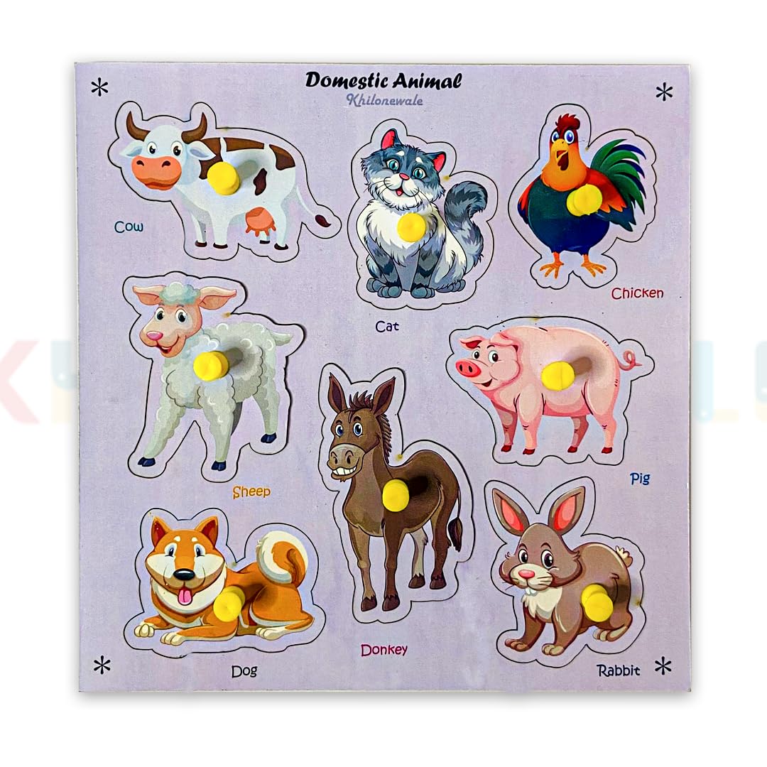 Multicolor Wooden Domestic Animal Puzzles For Kids  8Piece Knob Puzzle Set, Educational Learning Board Toy For Children (20Cm 