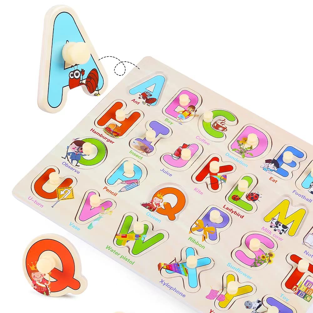 Grinnnie Wooden Montessori Toddler Puzzles For 1 2 3 4 Years Old, 3 Pcs (Number, Letter, Shape) Kids Preschool Educational Peg Puzzle Set